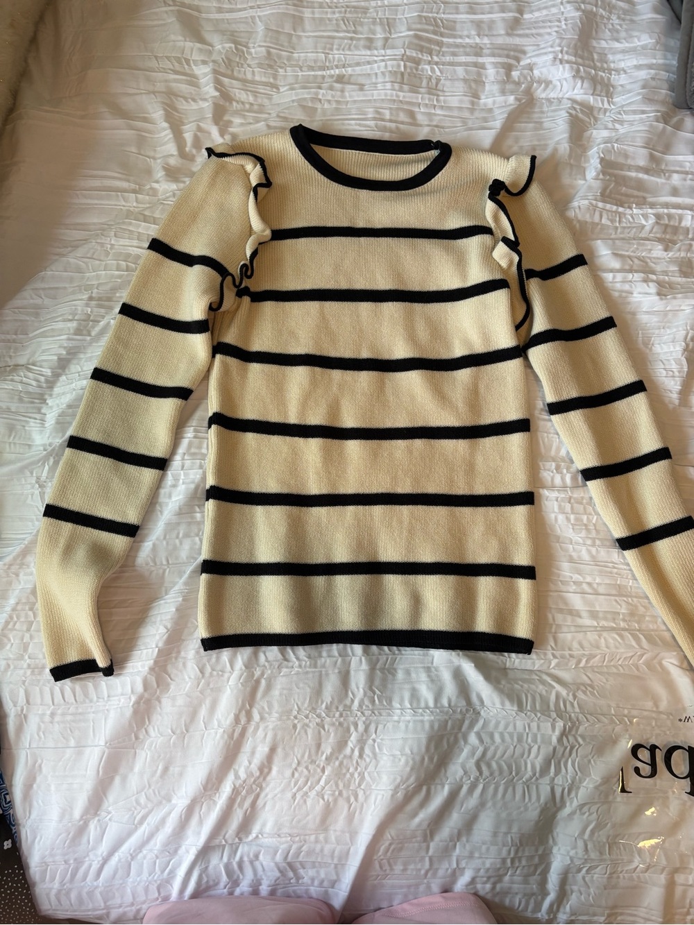 SHEIN Cream & Black Striped Ruffle-Shoulder Sweater